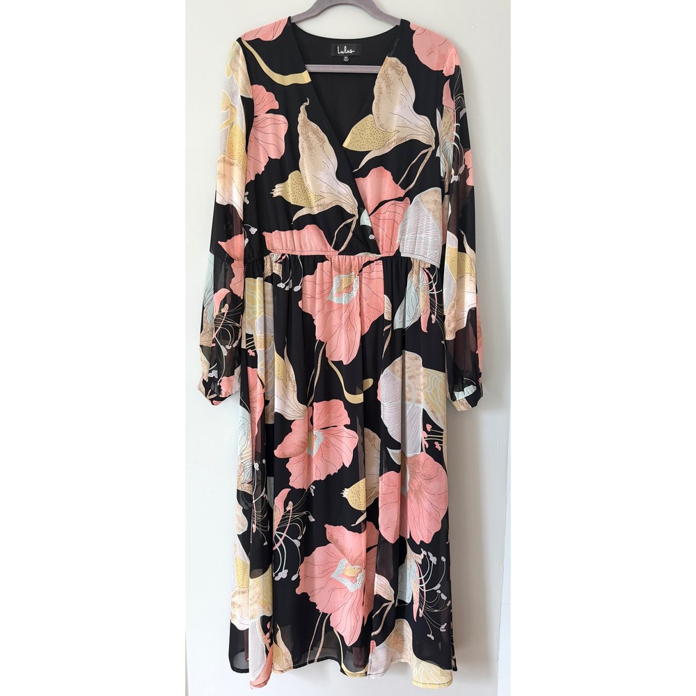 Lulus‎ Wondrous Water Lilies Black Floral Long Sleeve Midi/Maxi Dress XL NWT - Picture 4 of 11